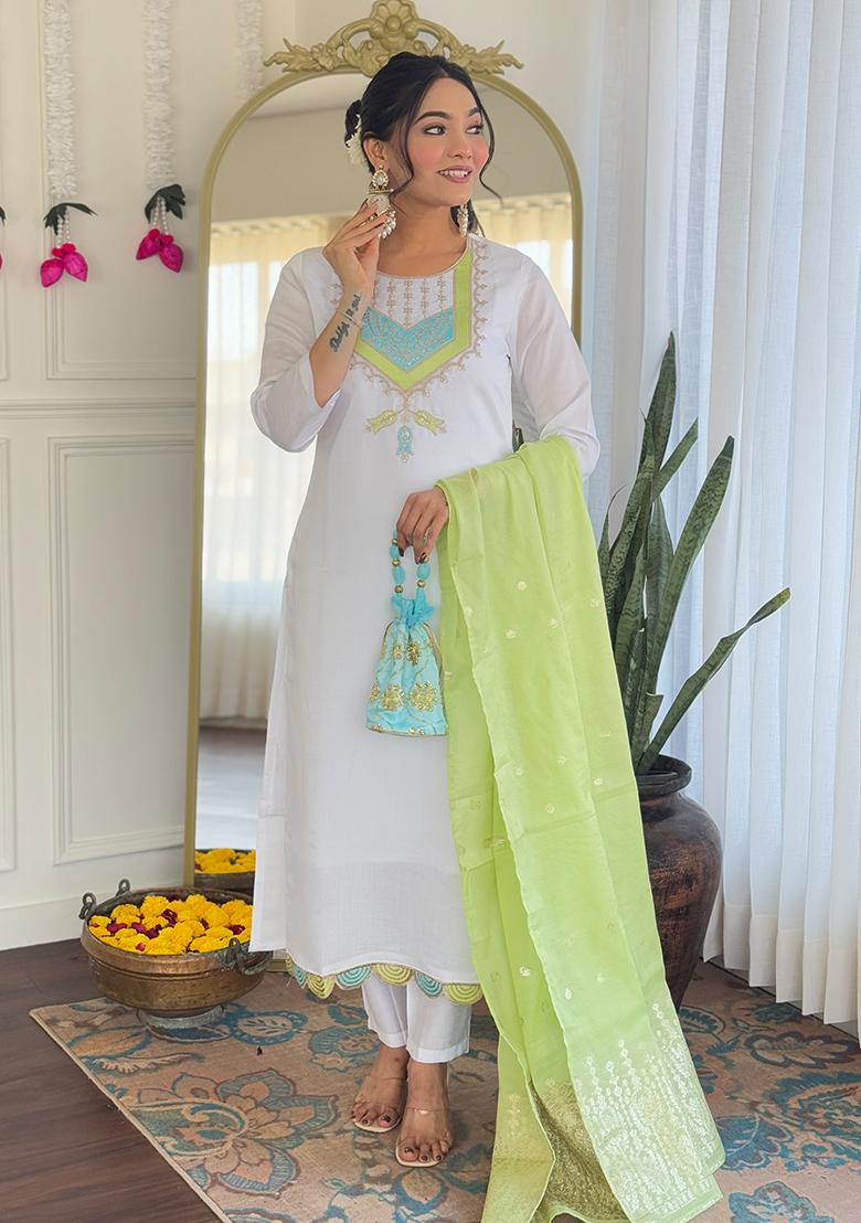 White Embroidered Viscose Kurta Set