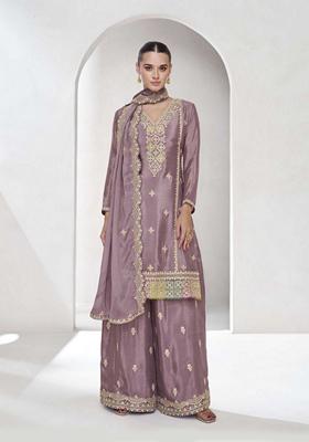Onion pink Embroidered Chinon Kurta set