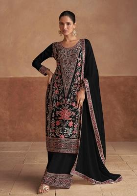 Black Embroidered Chinon Kurta set