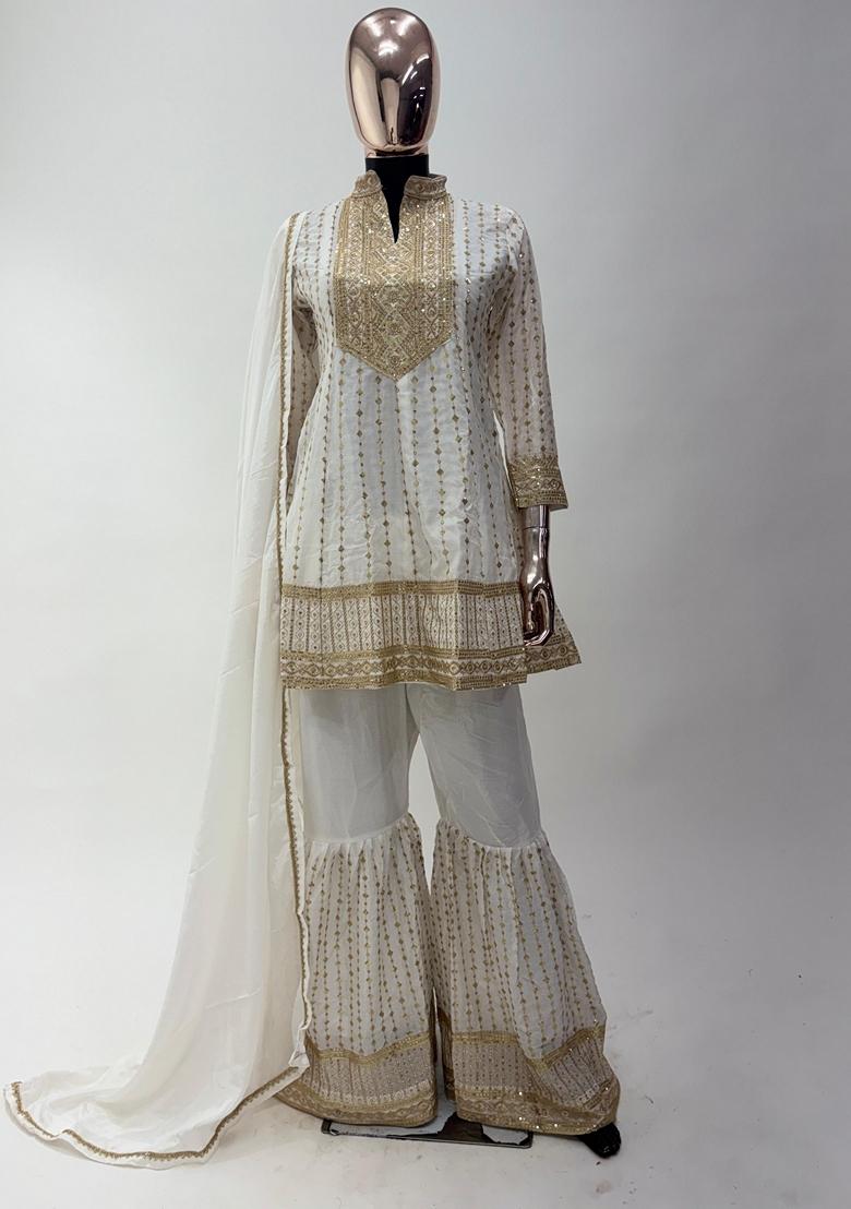 White Embroidered Chinon Kurta set