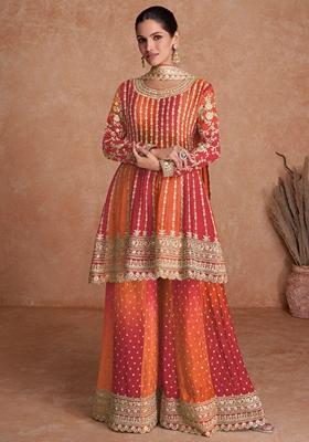 Orange Embroidered Chinon Kurta set