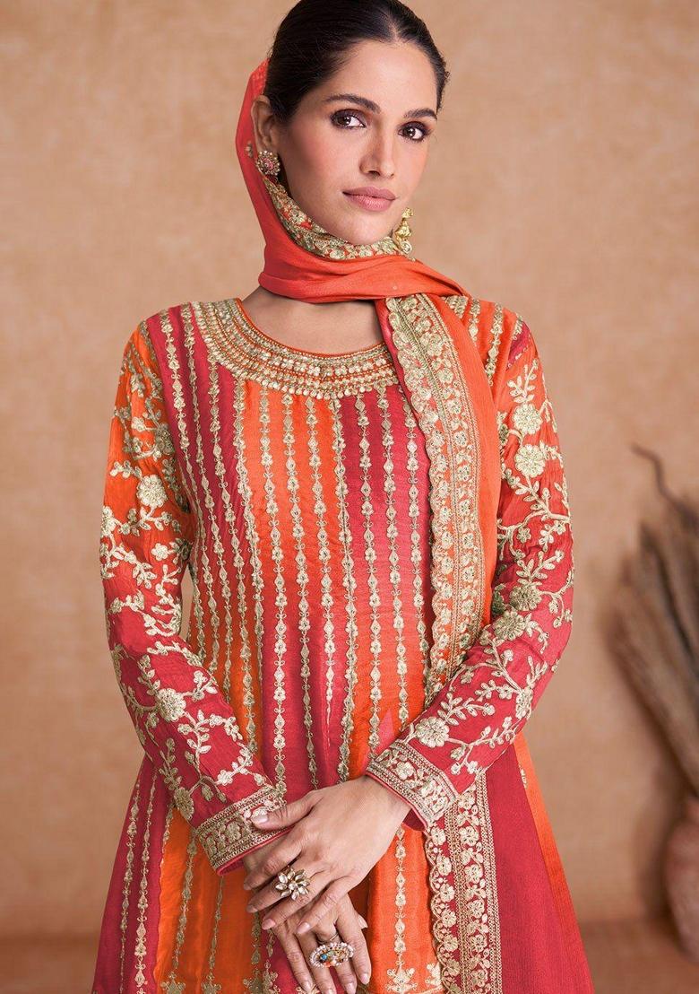 Orange Embroidered Chinon Kurta set