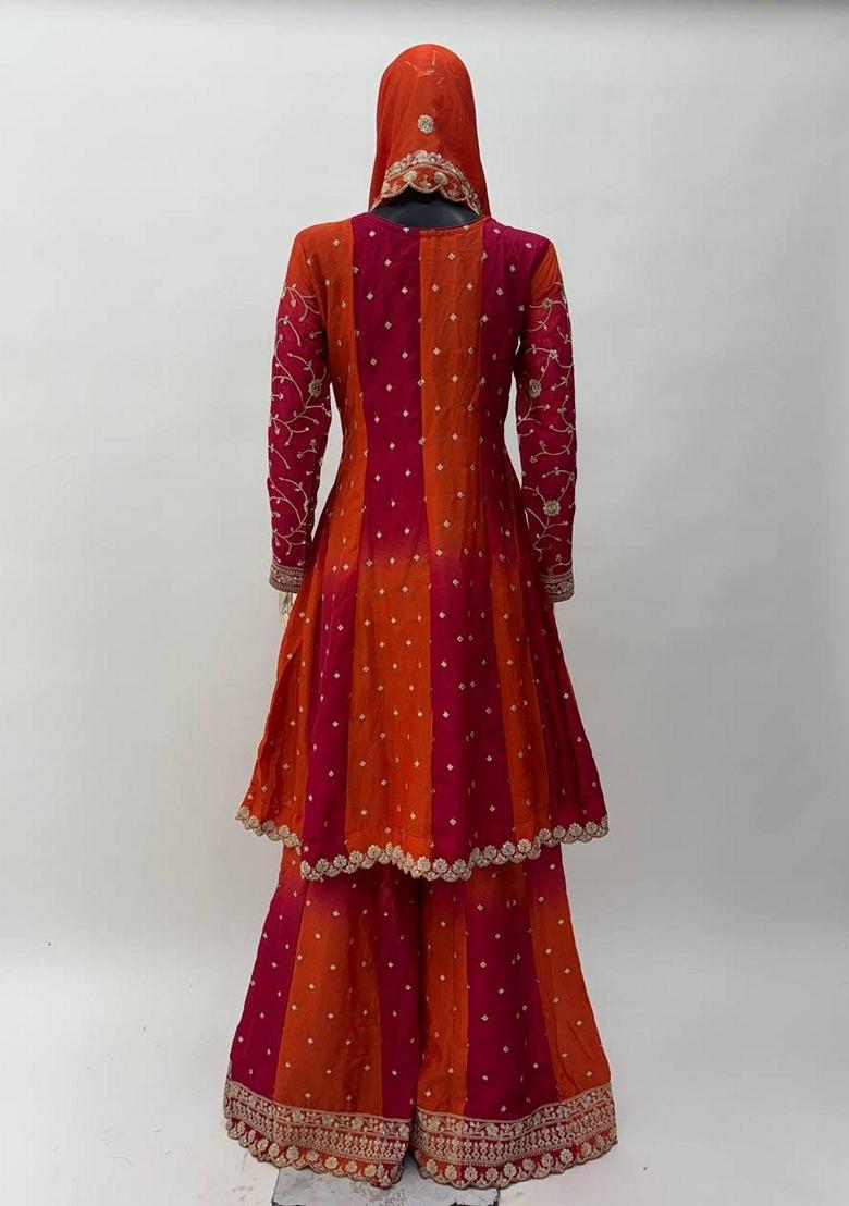 Orange Embroidered Chinon Kurta set