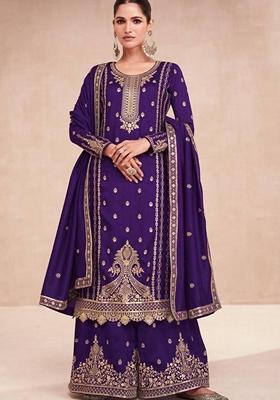 Purple Embroidered Vichitra Kurta set