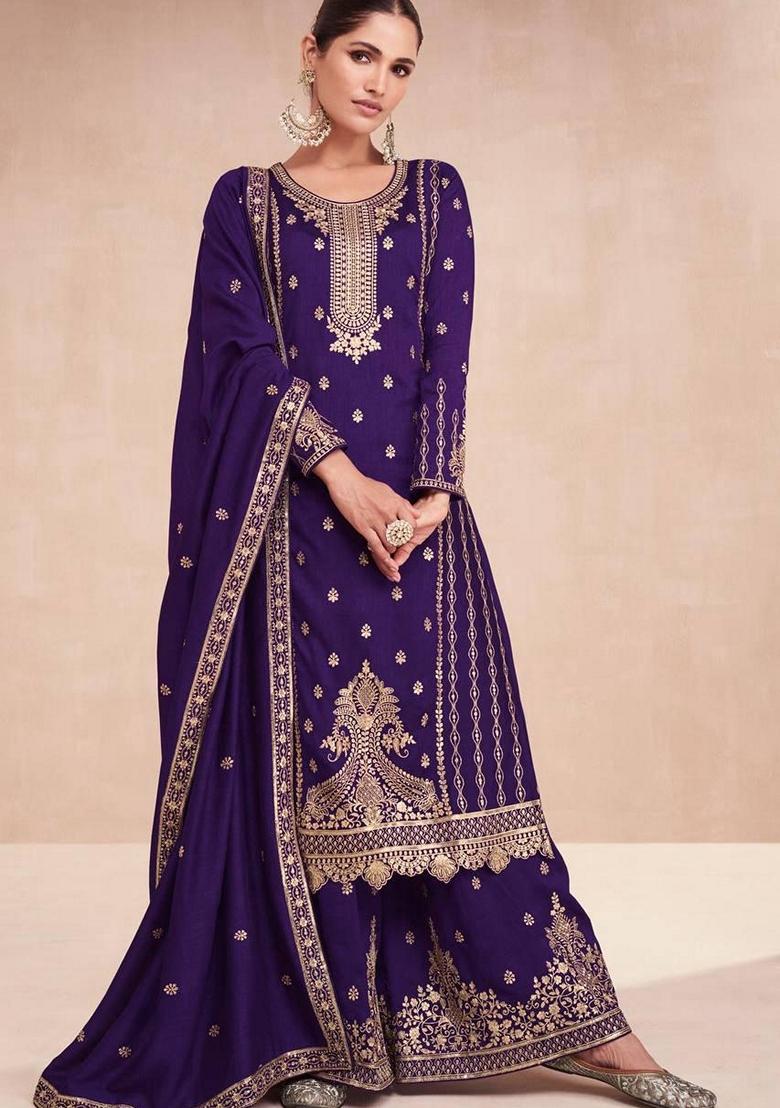 Purple Embroidered Vichitra Kurta set