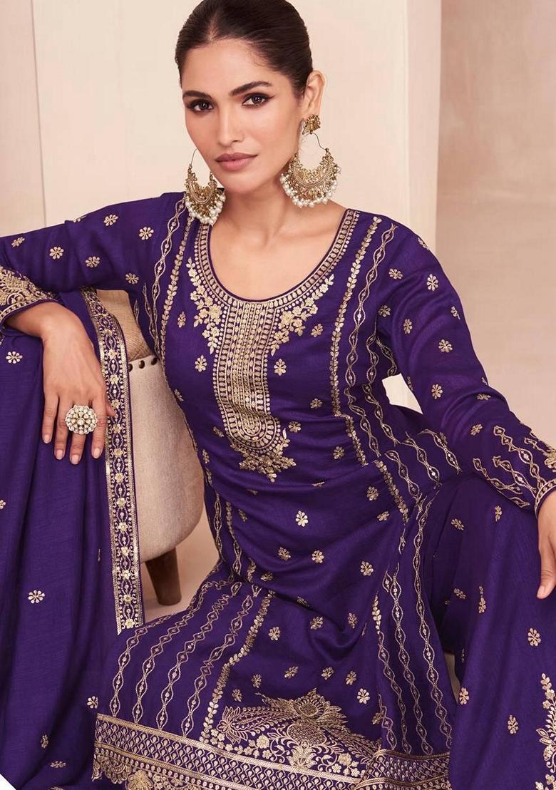 Purple Embroidered Vichitra Kurta set