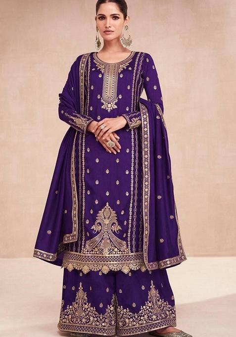 Purple Embroidered Vichitra Kurta set
