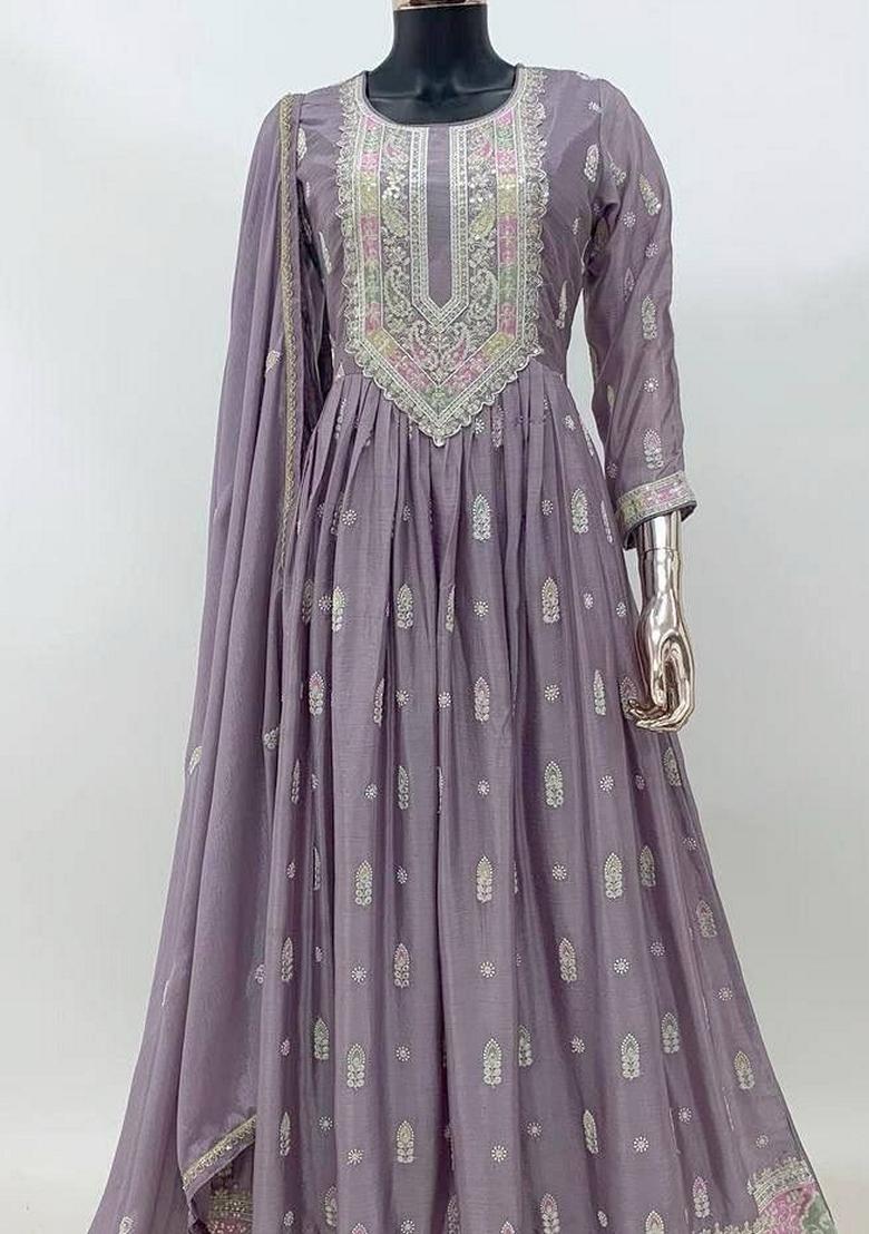 Lavender Embroidered Chinon Kurta set