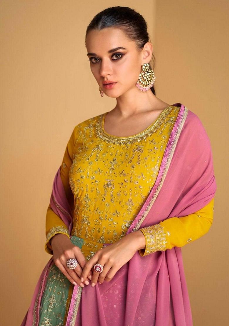Yellow Embroidered Georgette Kurta set