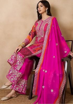 Pink Embroidered Poly Blend Kurta Set