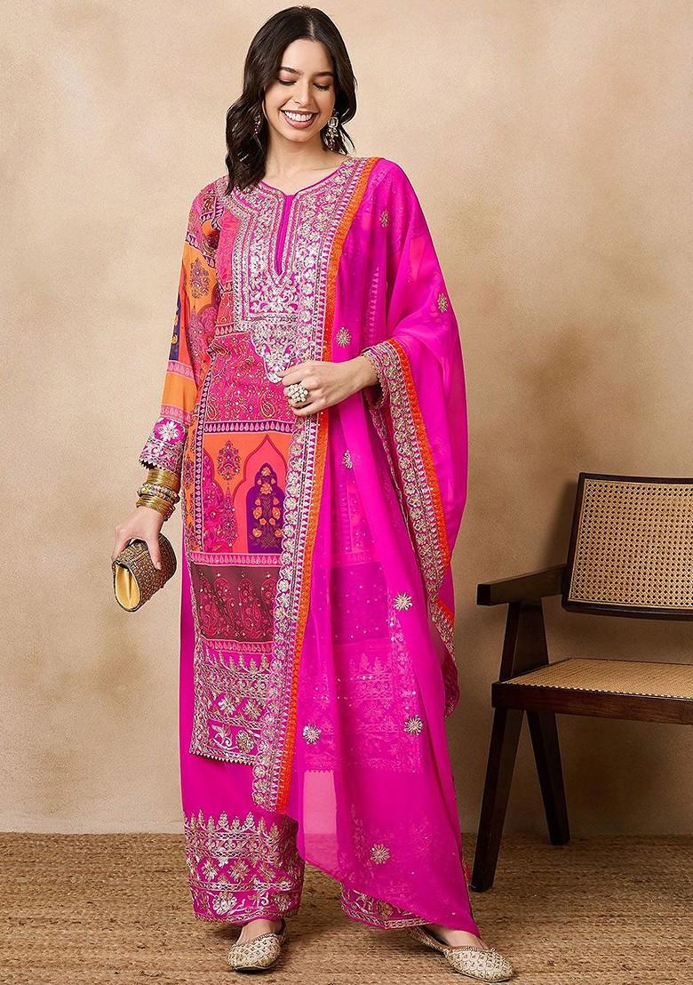 Pink Embroidered Poly Blend Kurta Set