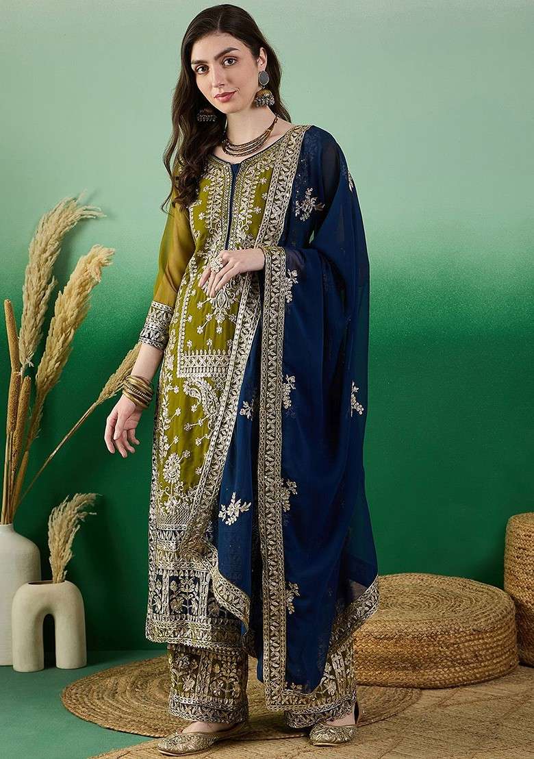 Olive Embroidered Georgette Pakistani Suit Set - Indya