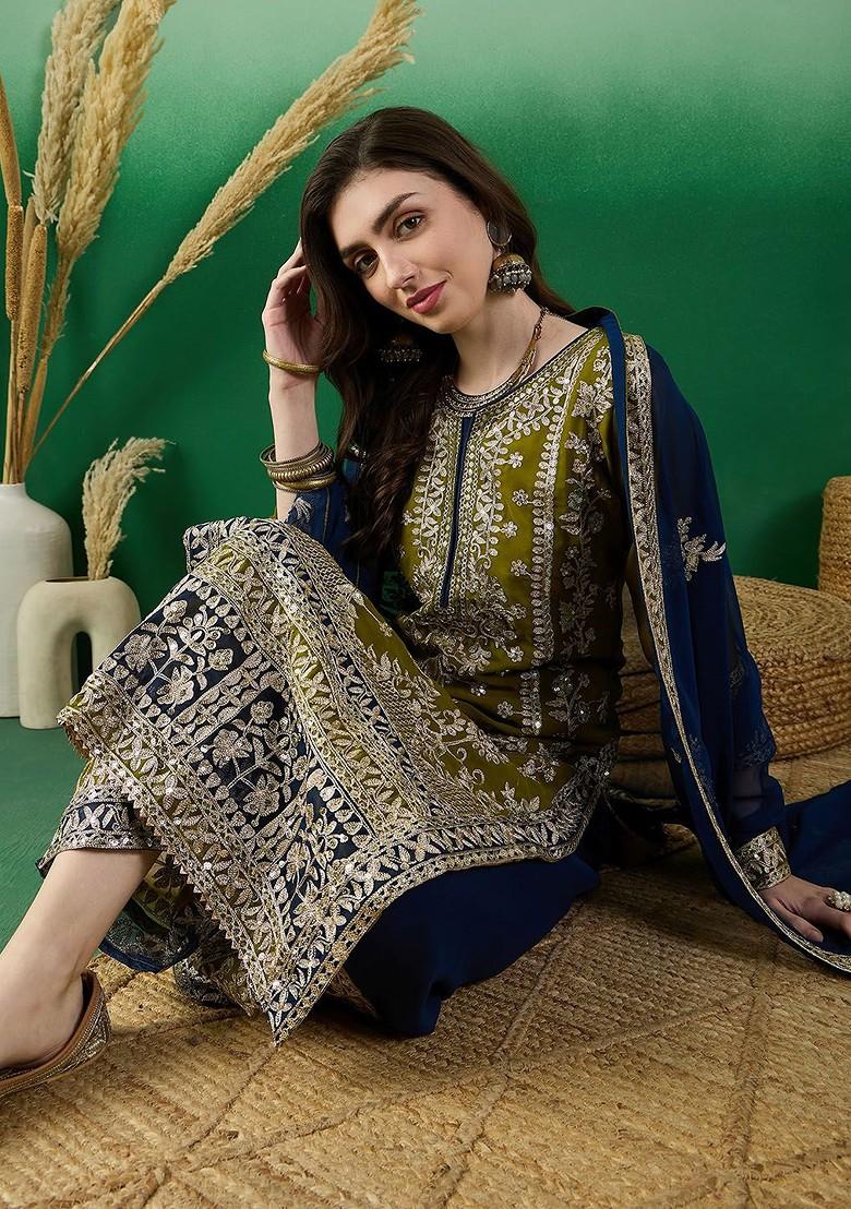 Olive Embroidered Georgette Kurta Set
