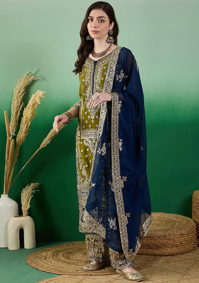 Olive Embroidered Georgette Kurta Set