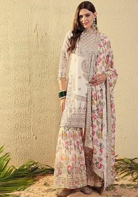 Off White Embroidered Georgette Kurta Set
