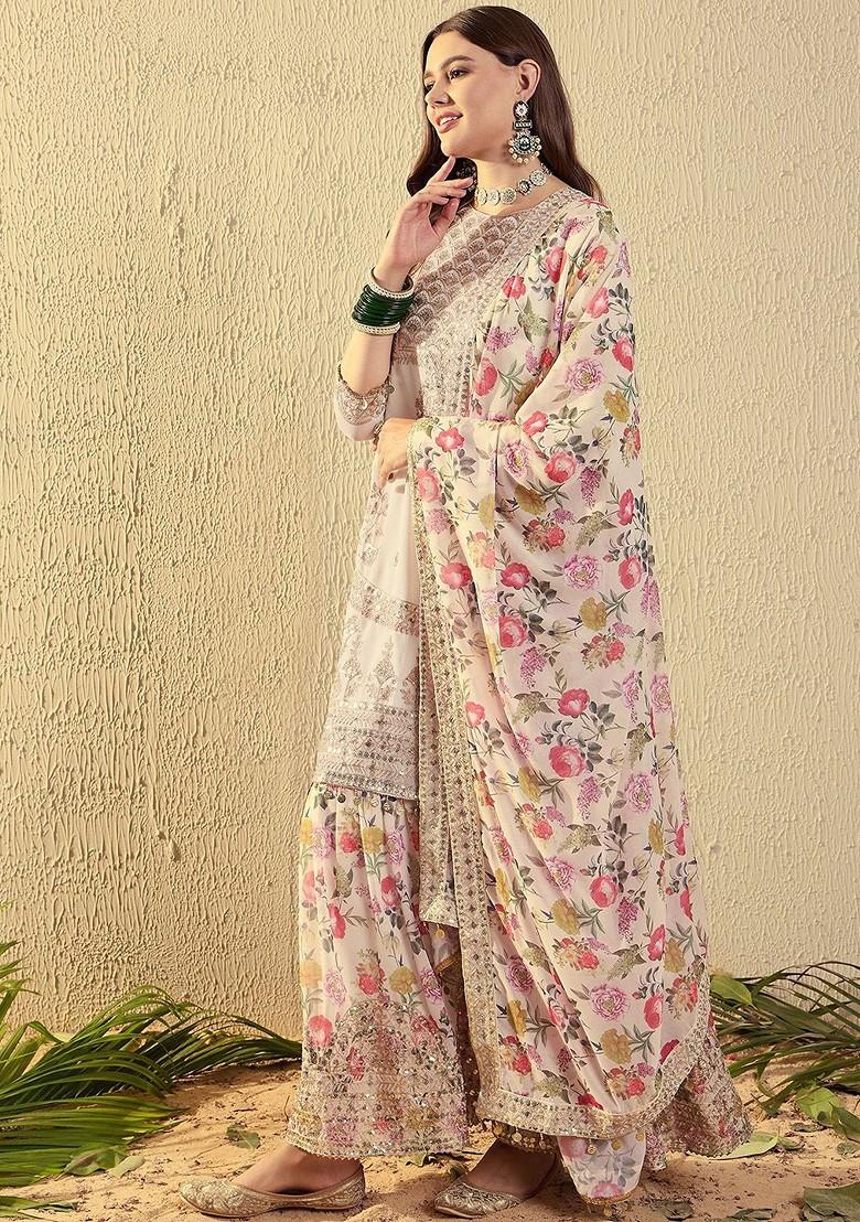 Off White Embroidered Georgette Kurta Set
