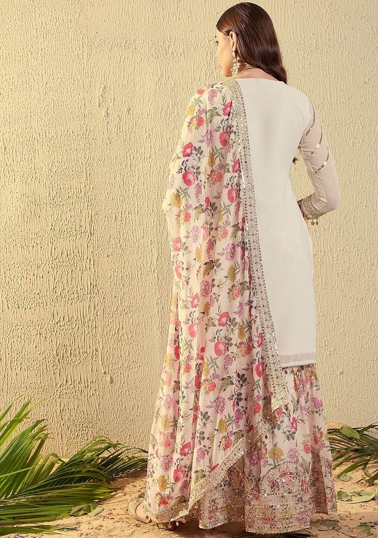 Off White Embroidered Georgette Kurta Set