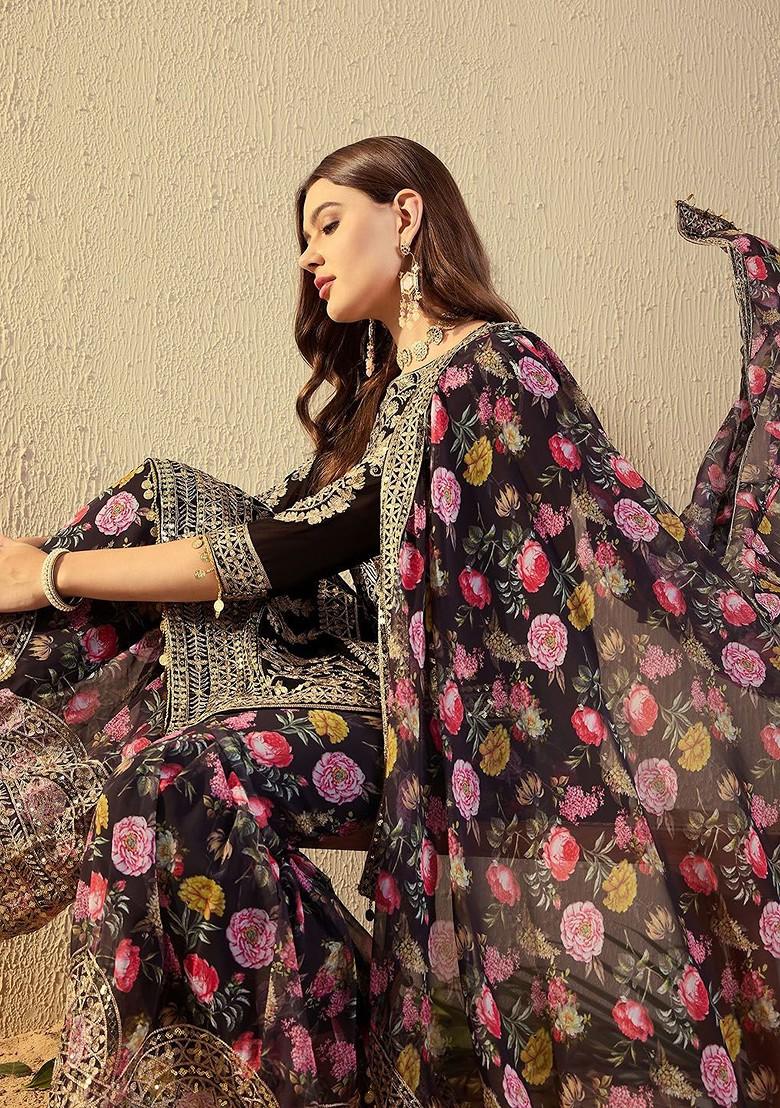 Black Embroidered Georgette Kurta Set