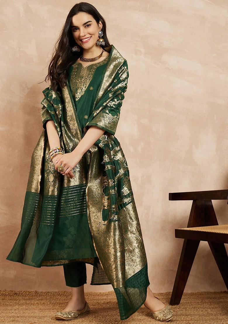 Green Woven Chanderi Kurta Set With Dupatta