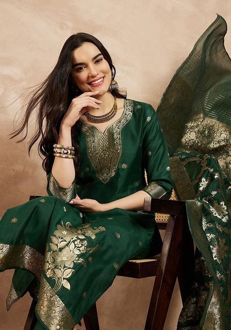 Green Woven Chanderi Kurta Set With Dupatta