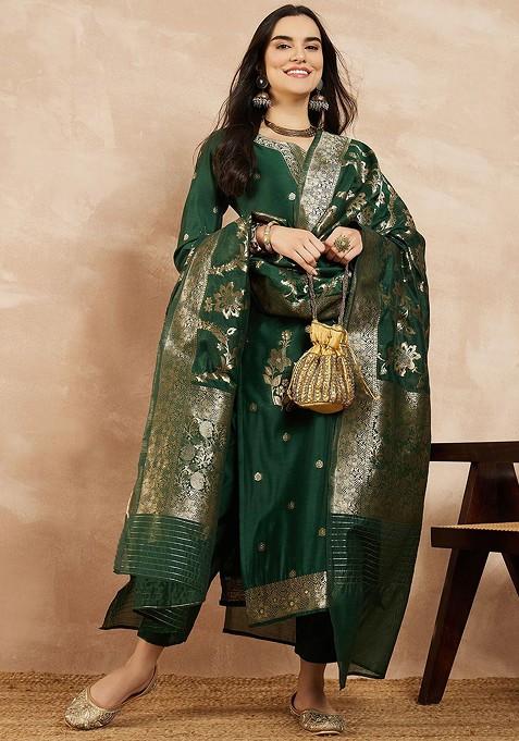 Green Woven Chanderi Kurta Set With Dupatta