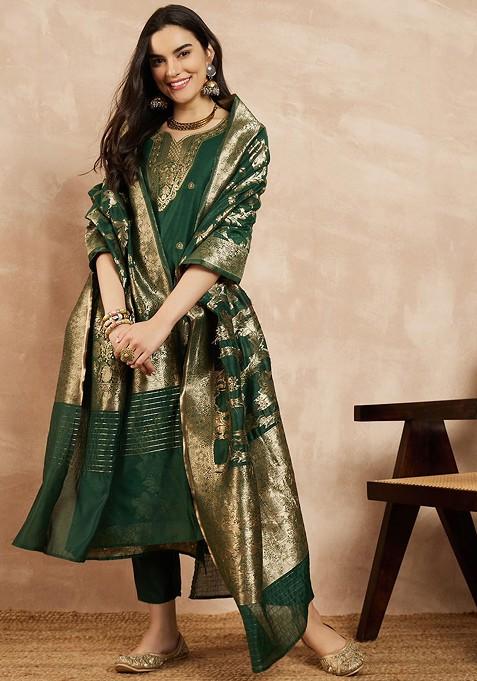 Green Woven Chanderi Kurta Set With Dupatta