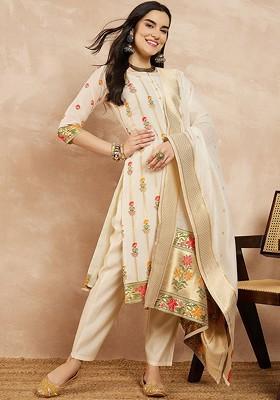 Off White Woven Chanderi Kurta Set