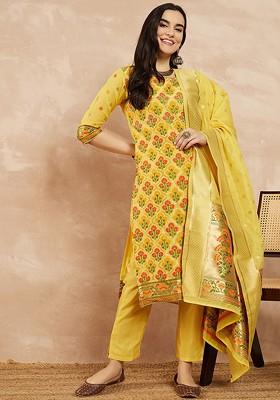 Yellow Printed Chanderi Kurta Set