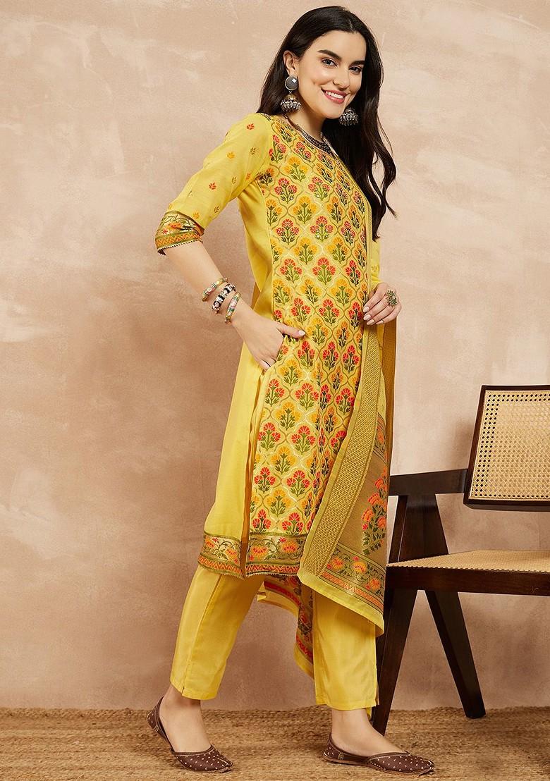 Yellow Printed Chanderi Kurta Set
