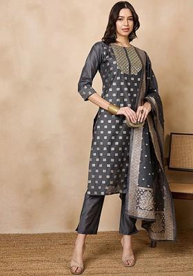 Grey Embroidered Chanderi Kurta Set