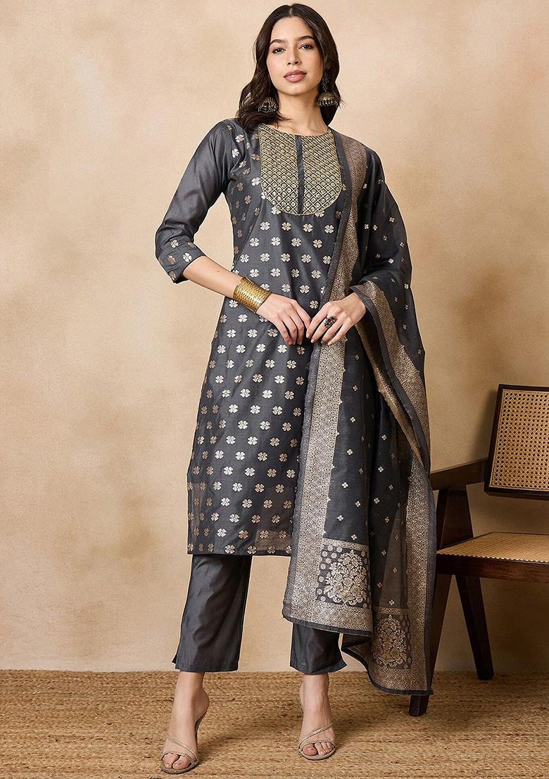 Grey Embroidered Chanderi Kurta Set