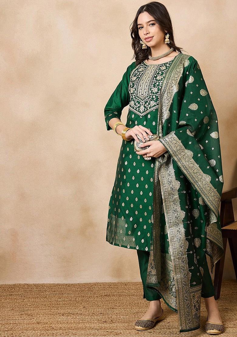 Green Embroidered Chanderi Kurta Set