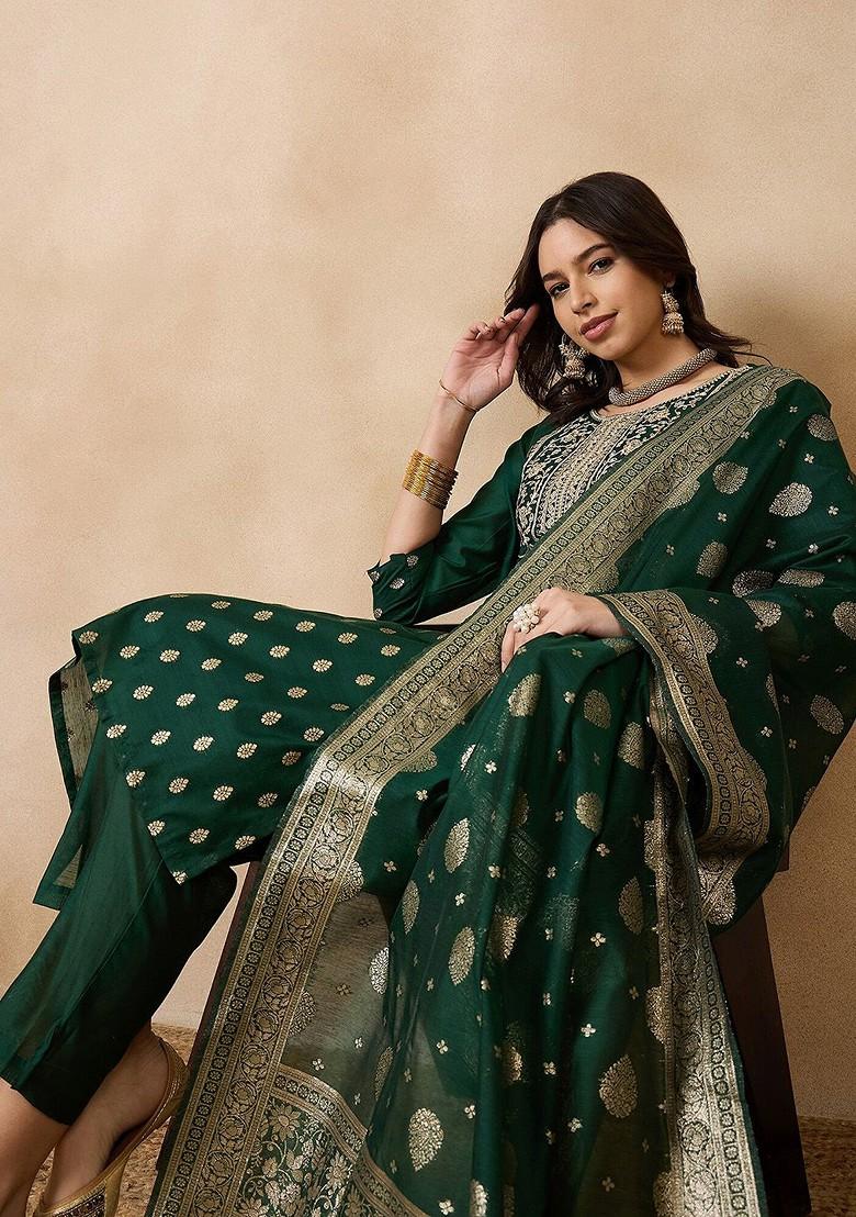 Green Embroidered Chanderi Kurta Set