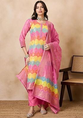 Pink Woven Chanderi Kurta Set