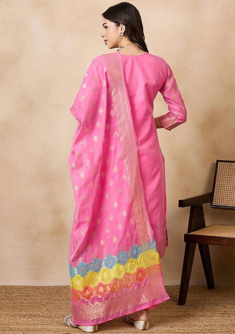 Pink Woven Chanderi Kurta Set