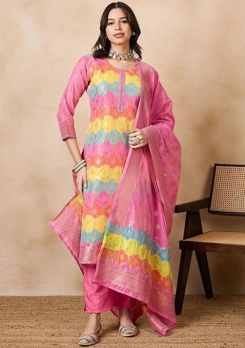Pink Woven Chanderi Kurta Set