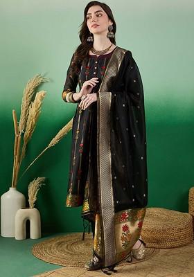 Black Woven Chanderi Kurta Set