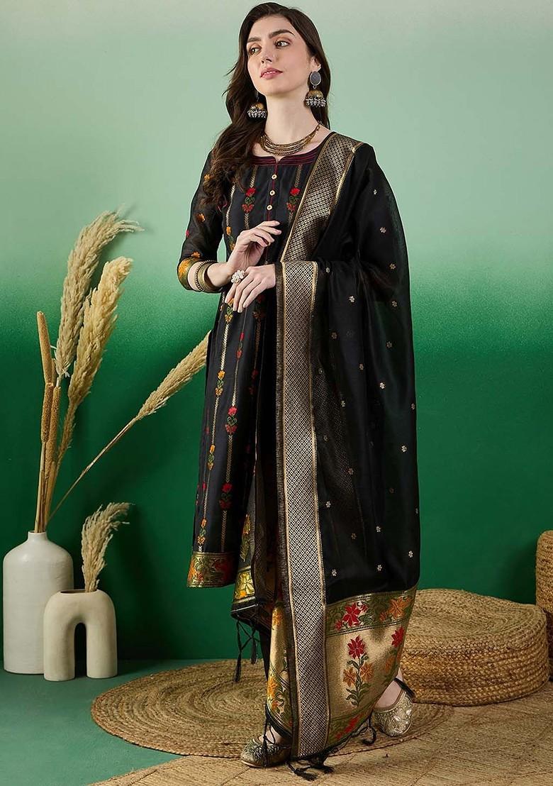 Black Woven Chanderi Kurta Set