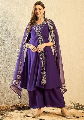 Purple Embroidered Poly Blend Kurta Set