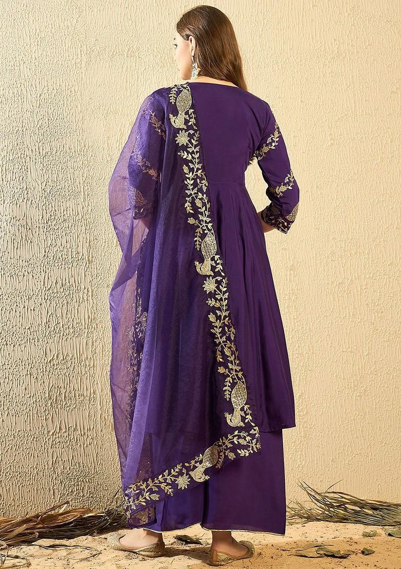 Purple Embroidered Poly Blend Kurta Set