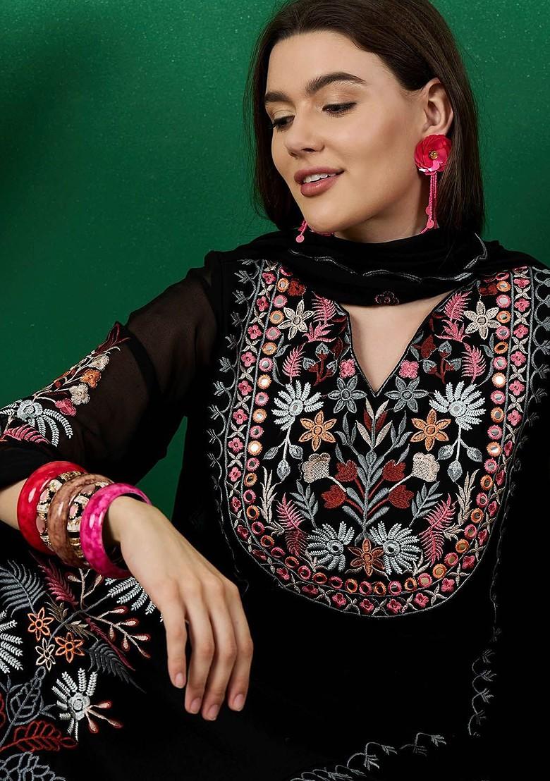 Black Embroidered Georgette Kurta Set