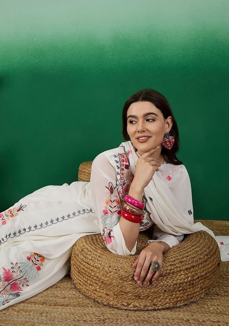 White Embroidered Georgette Kurta Set