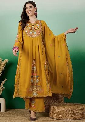 Yellow Embroidered Georgette Kurta Set