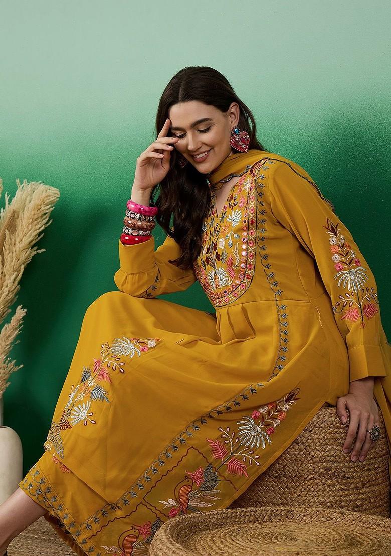 Yellow Embroidered Georgette Kurta Set