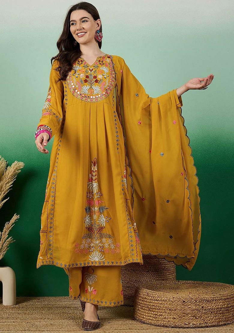 Yellow Embroidered Georgette Kurta Set