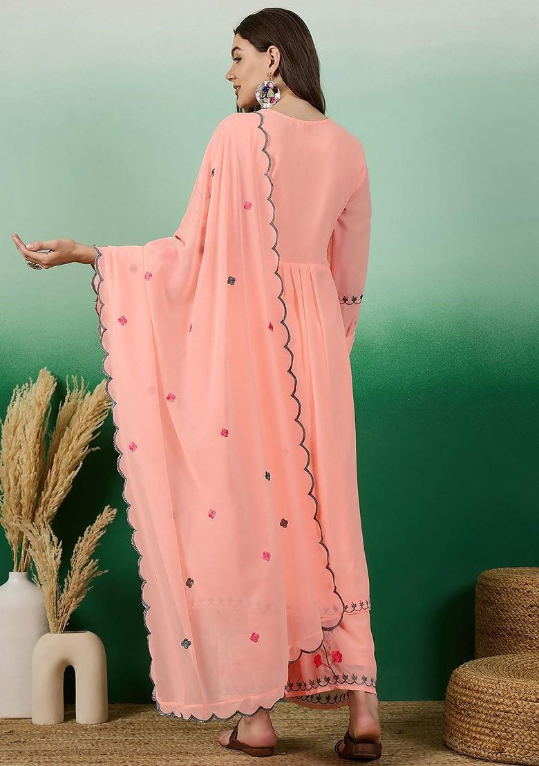 Peach Embroidered Georgette Kurta Set
