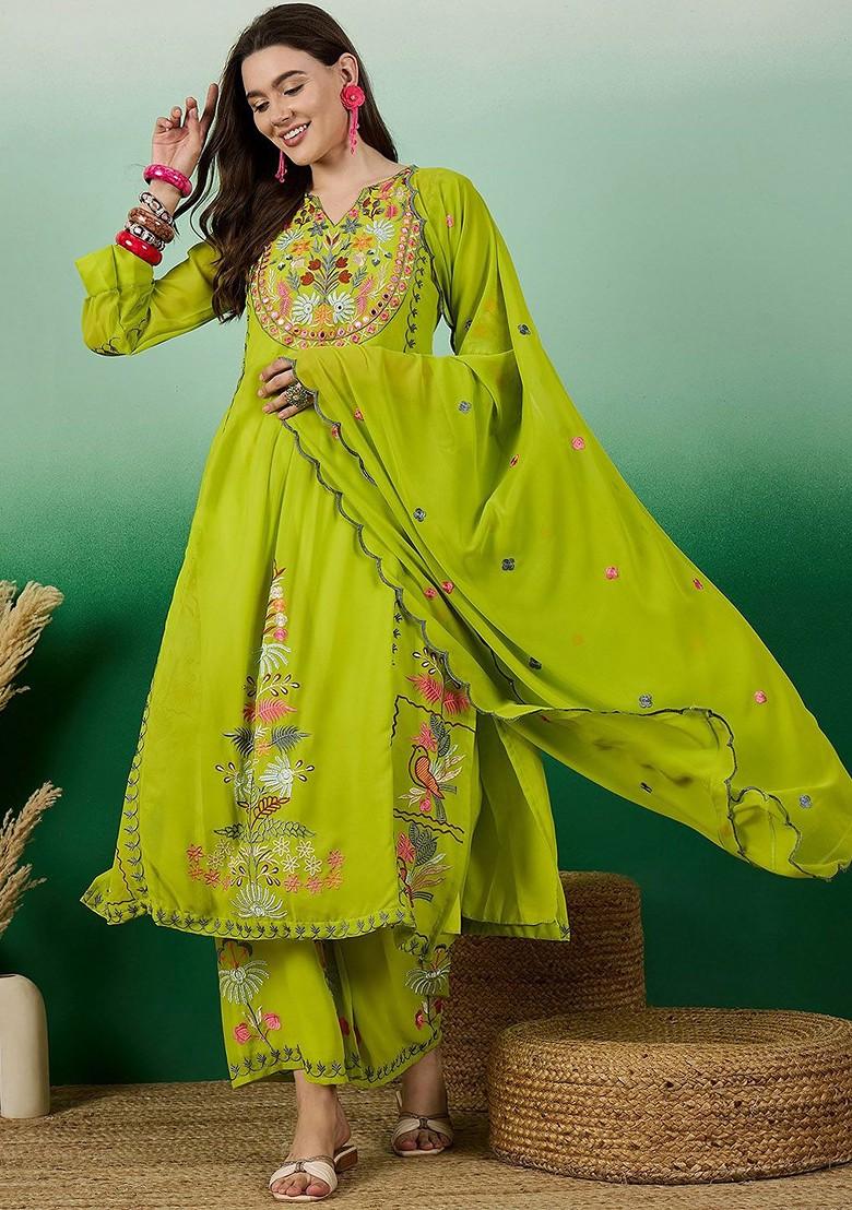 Lime Green Embroidered Georgette Kurta Set
