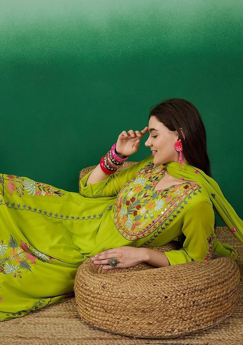 Lime Green Embroidered Georgette Kurta Set