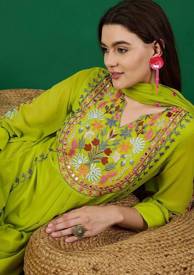 Lime Green Embroidered Georgette Kurta Set