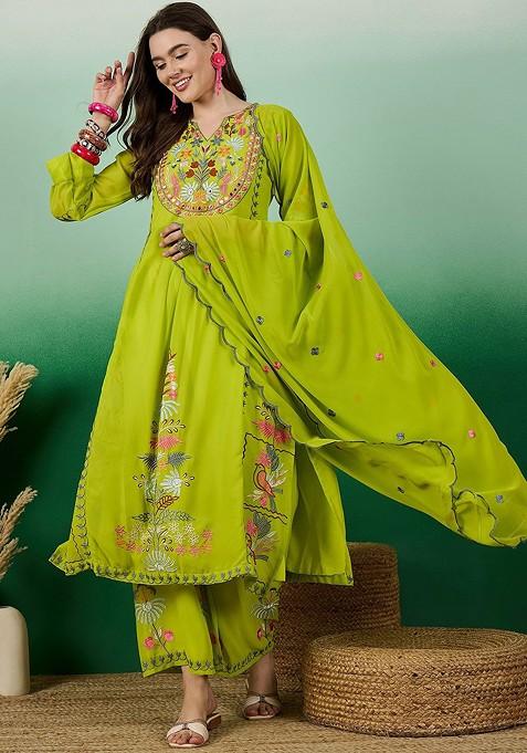 Lime Green Embroidered Georgette Kurta Set